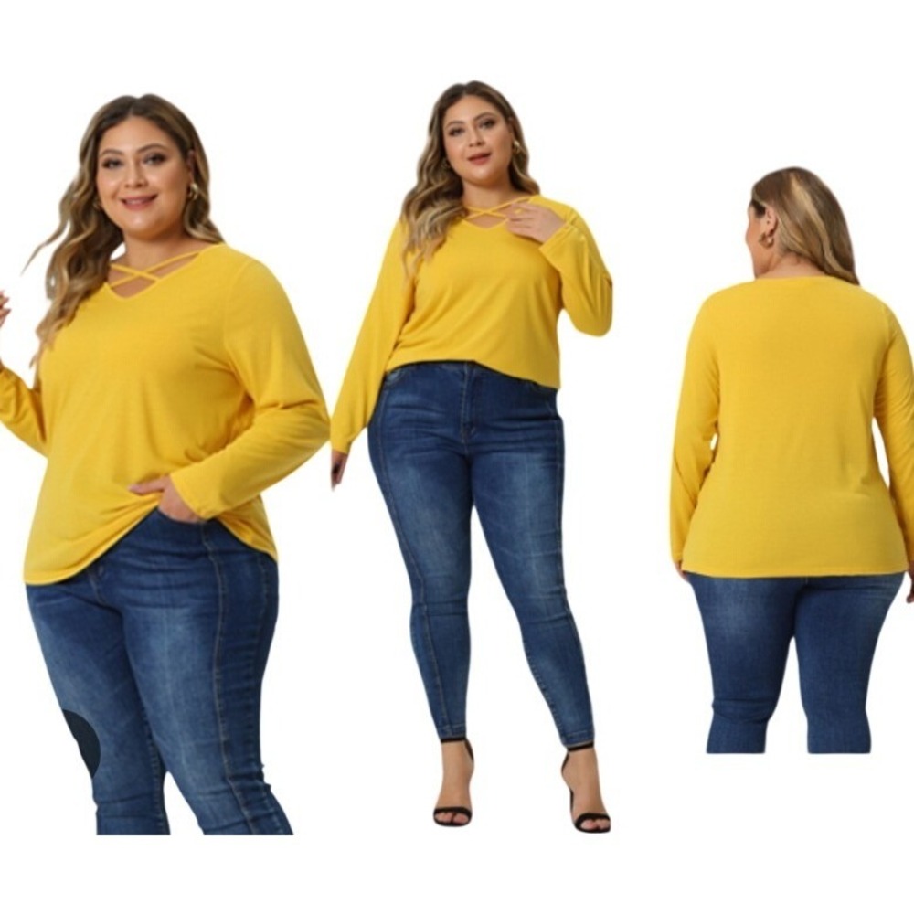 Agnes Orinda Womens Plus Size 4X Mustard‎ Yellow Criss Cross V-Neck Top NWT